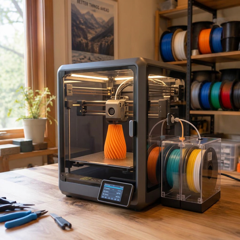 Creality K2 Combo 3D-printer met filamentstation print een oranje spiraalvaas